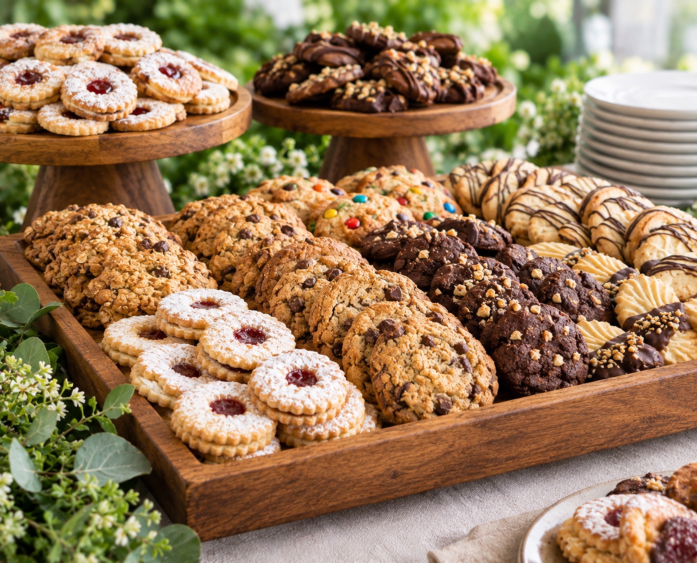 Galletas surtidas sobre bandejas y bases de madera