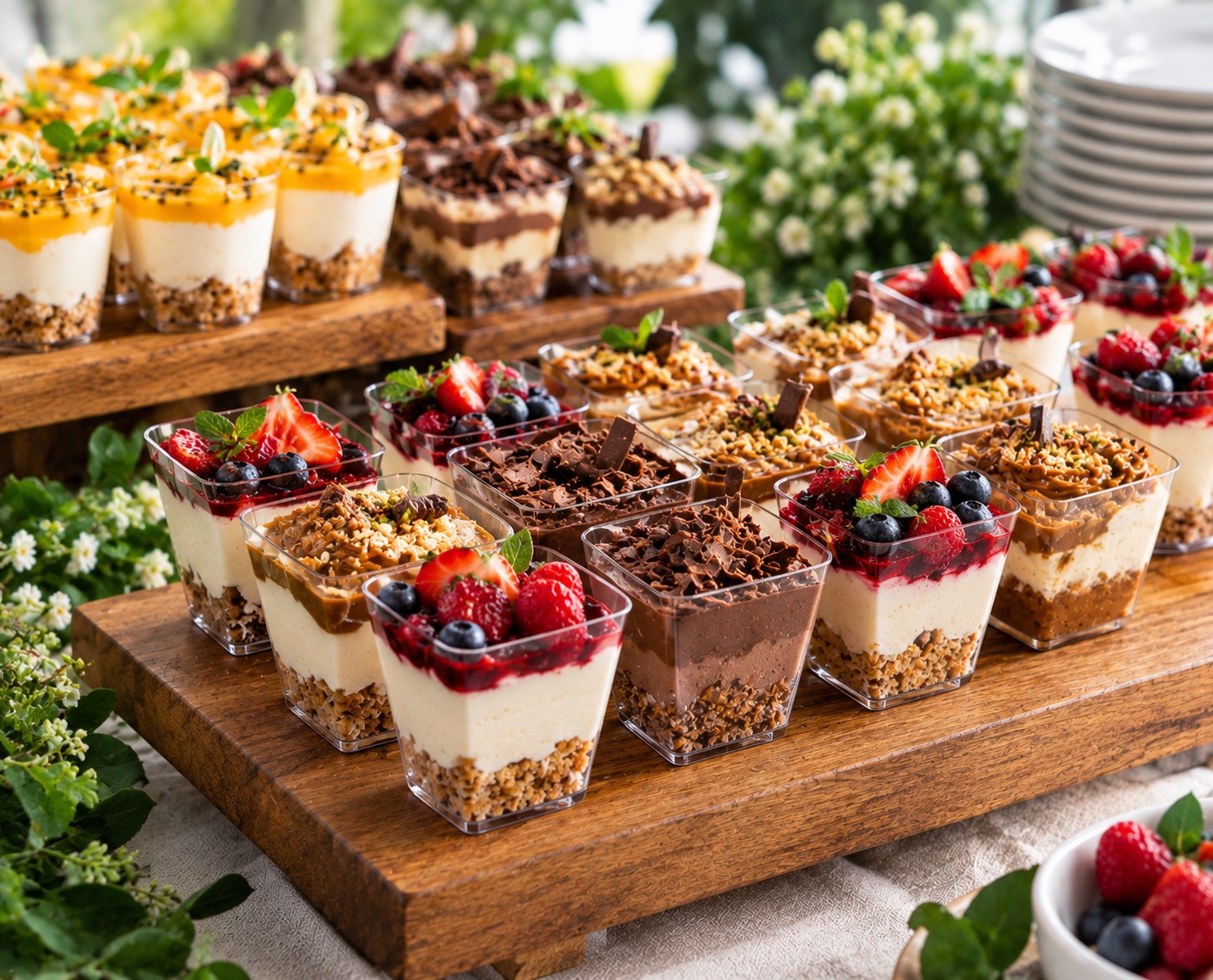Vasitos de postre con frutos rojos, maracuyá y chocolate