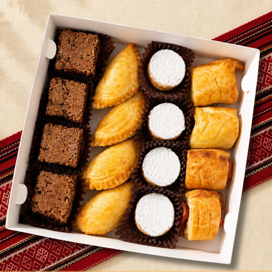Caja de bocaditos con brownies, empanaditas, alfajores y enrollados sobre un mantel andino