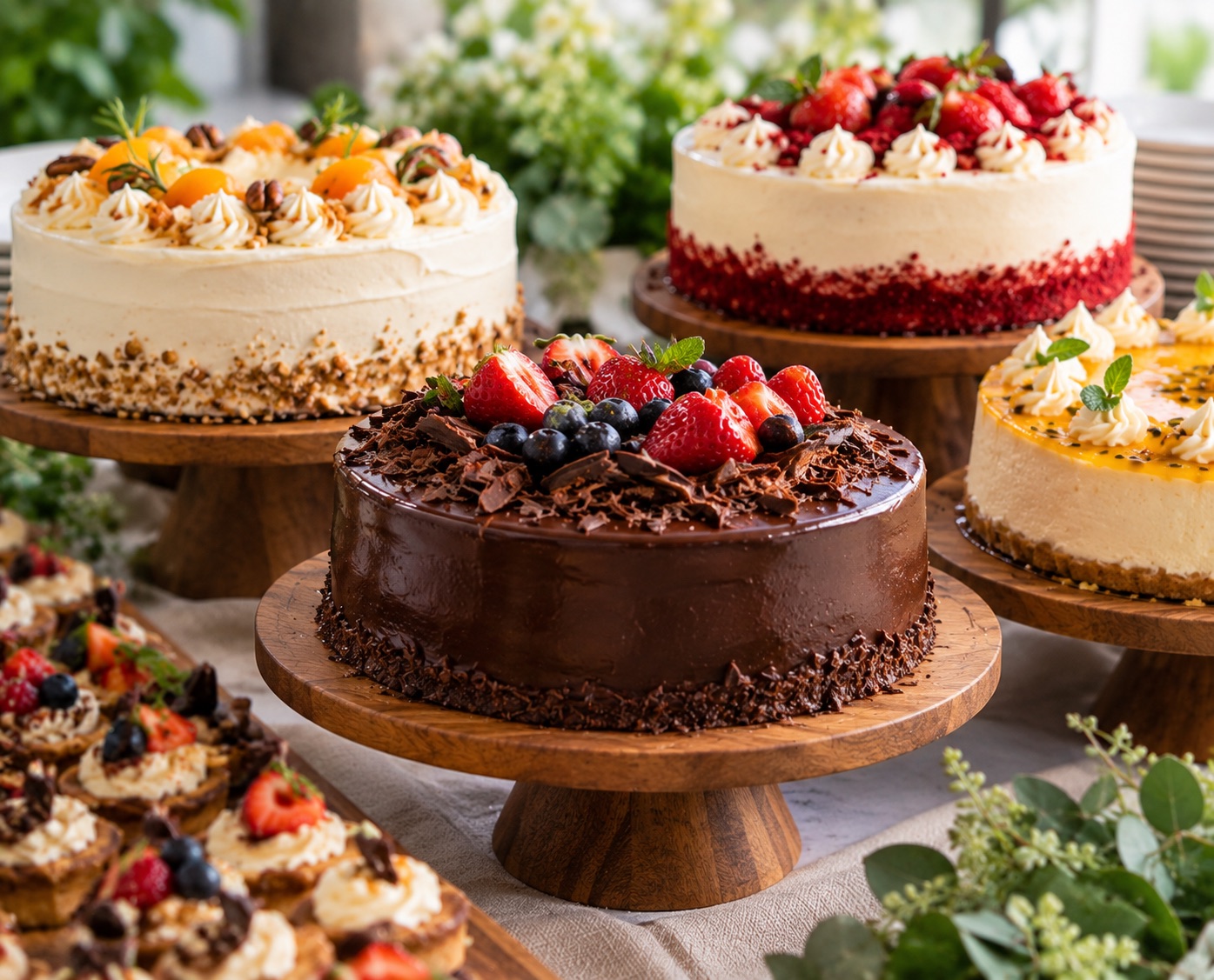 Tortas de chocolate, red velvet y frutas en bases de madera