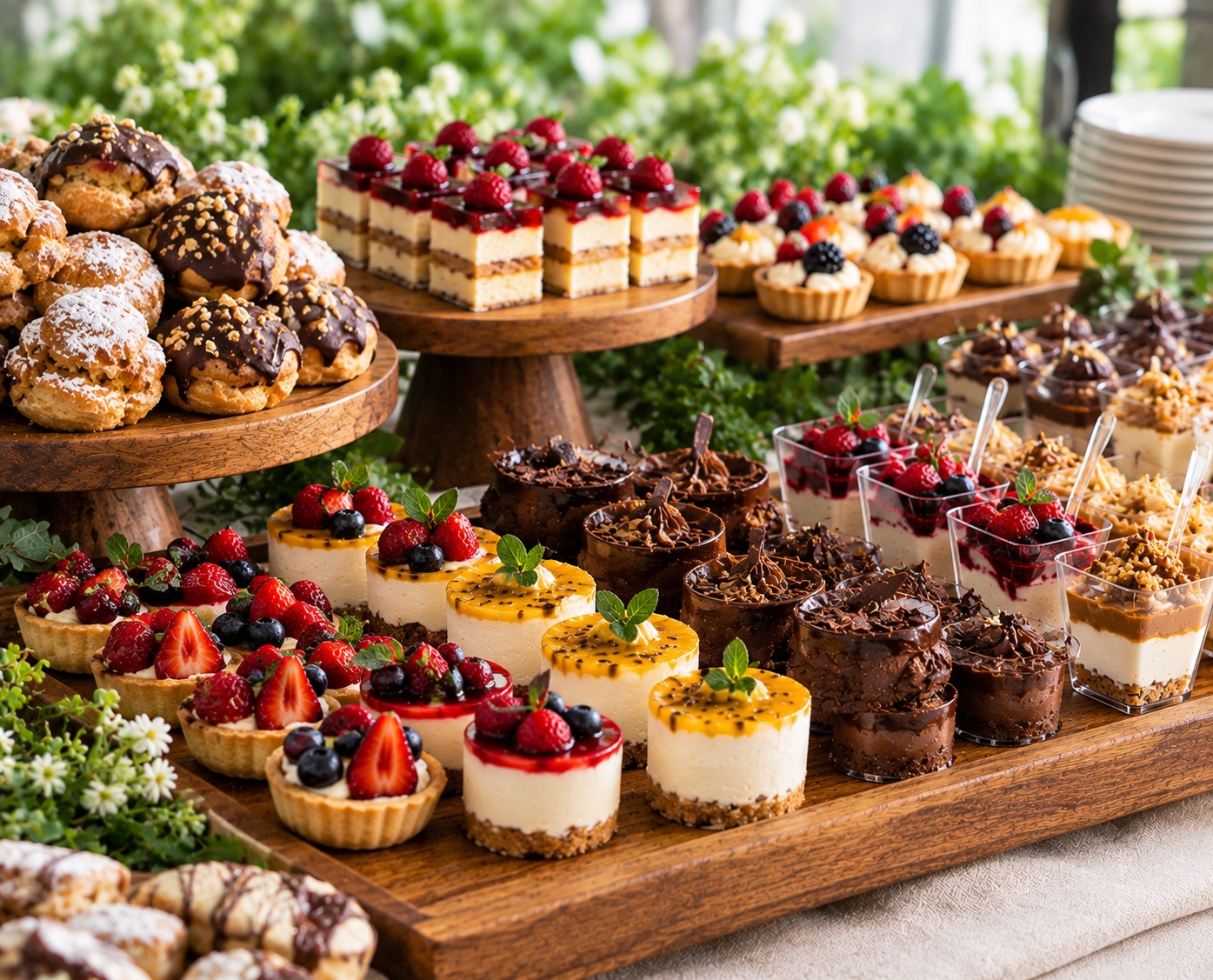 Mesa de postres: tartaletas, brownies, vasitos y alfajores