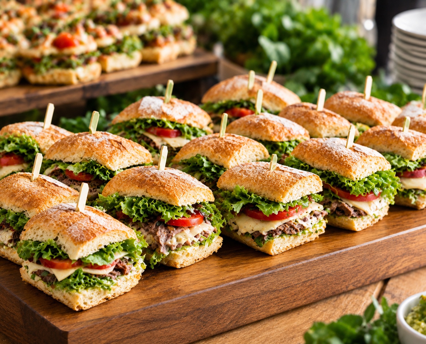 Mesa de mini sándwiches y hamburguesitas sobre tablas de madera